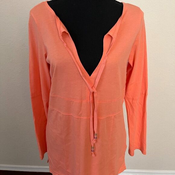 Talbots Tops - Talbots Orange Tangerine  Cotton  Tie Neck Long Sleeve Tunic size Small